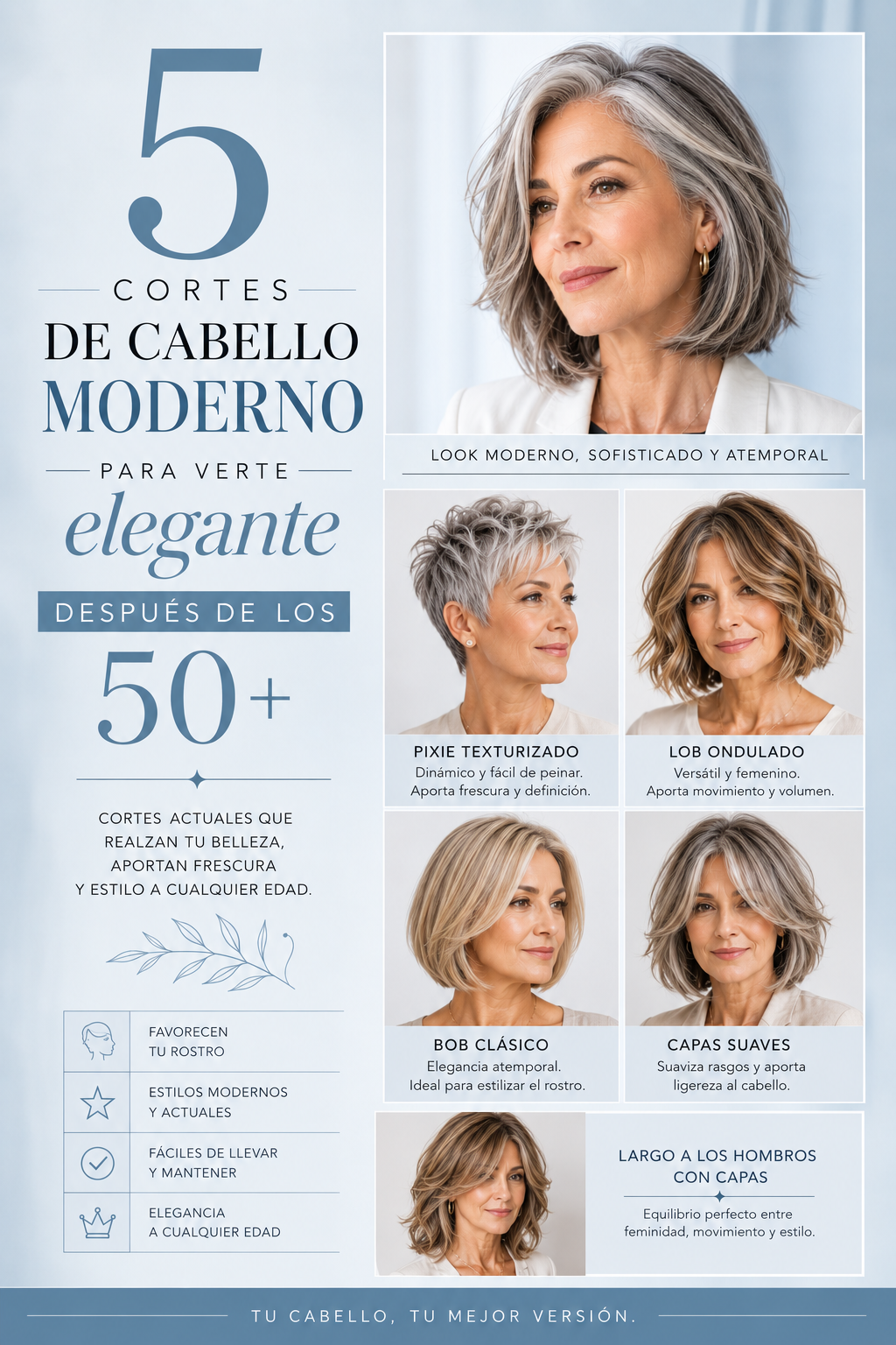 5 CORTES de cabello MODERNO para verte elegante despúes de los 50+💇‍♀️(VIDEO)